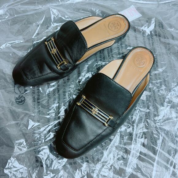 Tory Burch Shoes - Tory Burch Logo Black Leather Mules in Size 7.5